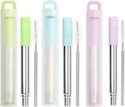 WADY 3pcs Collapsible Straws Reusable Straws Stainless Steel Straws with Cleaning Brush & Silicone Tips, Portable Travel Telescopic Drinking Straws with Storage Case.