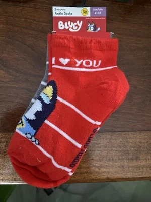 Bluey Toddler Ankle I Love You Socks - Set Of 3 Pairs, 4T-5T, Red/Gray/White