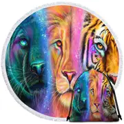 Tiger Lion Panther Faces of Nature Neon Big Cats Round Beach Towel