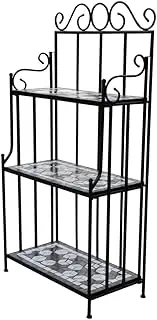 'vidaXL Black and White Mosaic Patterned Plant Stand – 3 Tier Display for Garden, Balcony, and Terrace made of Sturdy Iron Frame and Ceramic Top