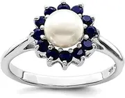 [JewelryWeb] 925 Sterling Silver Polished Rhodium 6mm Freshwater Cultured Cult Button Pearl and Sapphire Ring Band Style-Ring for Women