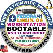FEDORA 41 LINUX OS WORKSTATION BOOTABLE USB DRIVE | 64-BIT, Live Mode | MAC, PC