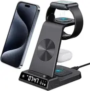 doeboe Wireless Charger, 3 in 1 Charging Station for Multiple Devices Apple with Digital Clock for iPhone 15/14/13/12/Pro Max/XR/AirP od Pro/3/2, Charger Dock for Apple Watch Series 8 7 SE 6 5 4 3 2 1