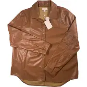 Mud Pie Salem Faux Vegan Leather Brown Shacket Snap Front Jacket Size Small NWT