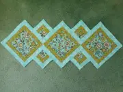 Quilted table runner - blue, green, brown flower, 14 1/2" x 37 1/2" handmade NEW