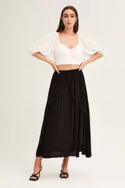 Black Maxi Skirt Elastic Detail Split - Size S, Women's Maxi Skirt