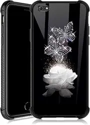iPhone 6s Plus Case,White Rose Butterfly iPhone 6 Plus Cases for Girls,Tempered Glass Back Cover Anti Scratch Reinforced Corners Soft TPU Bumper Shockproof Case for iPhone 6/6s Plus Diamond Shining