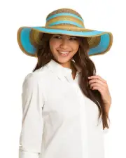 NWT BIG BUDDHA striped straw floppy sun summer beach hat wide brim metallic