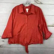 Chico's Womens Top Sz 3 XL 16 Shirt Red Button Up Tie Waist No Iron Crop NWT