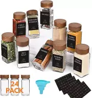 24Pcs Glass Spice Jars with Labels，4Oz Empty Square Bottles Acacia Wood Lid & Sh