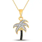 14k Yellow Gold Round Black Diamond Palm Tree Pendant 1/10 Cttw