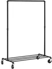 SONGMICS Clothes Rail, Clothing Rack on Wheels, Heavy-Duty Garment Rack, Holds 198 lb, Industrial Design, Coat Stand with 1 Hanging Rail and Shelf, for Bedroom, Laundry Room, Ink Black UHSR61BK