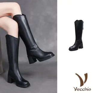【Vecchio】真皮長靴 粗跟長靴/真皮頭層牛皮美腿效果小V口高筒粗跟長靴(黑)