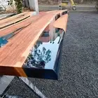 Dining table of epoxy resin and Acacia wood in blue theme, 6 seater