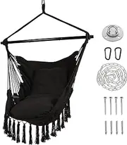 Ciouper Hammock Chair Hanging Rope Swing with Stylish Tassels - Max 500 Lbs - 2 Cushions Included - Heavy-Duty Steel Spreader Bar with Anti-Slip Rings - for Any Indoor or Outdoor Spaces (Grey)