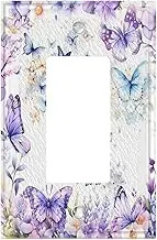 Watercolor Purple Butterfly Floral Light Switch Cover 1 Gang Single Rocker Vintage Rustic Flowers Decorative Socket Wall Plate Switchplate Electrical Faceplate For Bedroom Bathroom