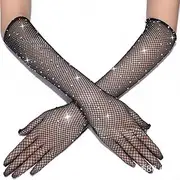[Generic] Rhinestone Fishnet Gloves Elastic Long Sparkly Gloves Crystal Party Mesh Gloves Accessories for Women and Girls