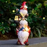 twinbling Garden Gnome Statue with Solar Lights Garden Sculptures Funny Triple Gnome Outdoor Patio Lawn Yard Balcony Garden Home Decor Gifts for Women Mom 12 in Mothers Day Gnome