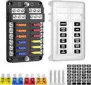12 Way 12V Blade Fuse Block,12 Circuit ATC/ATO Fuse Box Holder with LED Indicator Waterpoof Cover for 12V/24V Automotive Truck Boat Marine RV Van Vehicle (with 16 pcs Fuse)