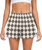 [FRODOTGV] Brown Beige Chessboard Womens Athletic Shorts Ouick Dry Basketball Shorts for Soccer Teenis Exercise Indoor S