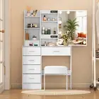 Vanity Table with LED Lighted Mirror, Makeup Vanity Desk with Drawers and Stool