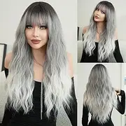 KAMIMASU Ombre Silver Grey Wig with Platinum Blonde Tips with Drak Roots Long Curly Wig Air Bangs Synthetic Full Machine Made No Lace Wigs for Women, Drag Queen Cosplay 28 Inches