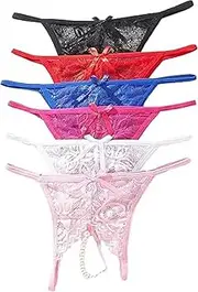 [Generic] Women Sexy Thongs Cotton Panties G-String with Pearls Ball Low Rise T-Back Underpants Pack of 6
