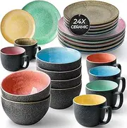 [MIAMIO] Dinnerware Set 24-Piece Service for 6, Stoneware Dinner and Side Plates, Mugs and Cereal/Pasta Bowls - Dishwasher, Microwave & Oven Safe Dish Sets – Las Palmitas Collection