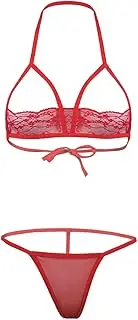 [GRRKDFQ] Women's Sports Underwear See-Through Halter Lace-Up Open Cup Lace Bra with Mesh G-String Briefs