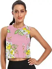 [ODAWA] Flowers Green Leaves Womens Crop Tops Workout Running Shirts Athletic Shirts for Women Sizes S-2XL