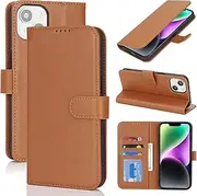 Cavor for iPhone 14/ iPhone 13 Case Leather Wallet Folio Flip Cover with Kickstand and Photo Holder Card Slots Protective Shockproof Phone Cases-Light Brown