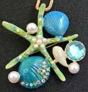 Big STARFISH Pearl SHELL Rhinestone Betsey Johnson Necklace Pendant Brooch GREEN