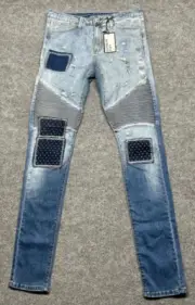 Rue21 Jeans Mens 32X34 Blue Denim Extreme Flex Stacked Skinny Stretch Patch New