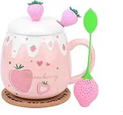 Pink Mug,Cute Strawberry Cup with Lid Spoon,Ceramic Coffee Mug, Kawaii Cup for Tea Milk,Women Girls Student Korean Style 450ML (Big Strawberry)