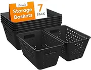 Lifewit Plastic Storage Basket, 7 Pack Stackable Storage Bins for Organizing, Multi Size Open Containers for Shelving, Pantry, Kitchen, Bathroom, Office and Cabinet, 5 Large and 2 Small Size, Black