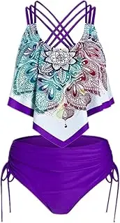 [N\P] NP Waist Bikini Set Women Floral Print Push Up Bikini Padded Crisscross Purple