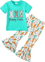 [Tinypainter] Girl Easter Outfit Short Sleeve Bunny T-Shir+Flared Bell Bottom Pants Easter Clothes