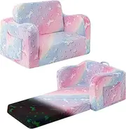 snow mini Toddler Couch Fold Out, 2 in 1 Soft Convertible Kids Sofa Chairs for Toddlers 1-3, Glow in The Dark Toddler Furniture for Boys and Girls
