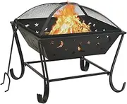 62 cm XXL Steel Fire Pit with Poker, Outdoor Fire Feature, Large Mesh Safety Cover, Black Patio Decorative Heater, Smokeless Fire Pit