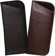 [Calabria] PU Flat Soft Eyeglass Case 2 PACK-1 Black & 1 Brown Syn.Leather NO CLIP, Brown