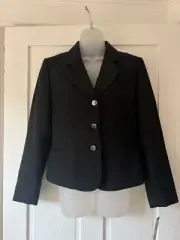Tahari Cropped Blazer Jacket Three-Button Angus Black Womens 8 Wool Silk Office