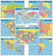 Educational Placemats for Kids Set of 8 World Map Placemat Non Slip Washable Eat Table Mat USA, Europe, Asia, Africa, South America, Central America, Canada Maps for Primary School Dining Table