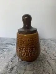 Bar B Q Sauce Jar Brown With Basting Brush Grill Meats Wood Lid