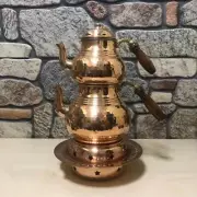 Turkish Hammered Copper Teapot, Set Double Tea Kettle Wooden Handle And Plate