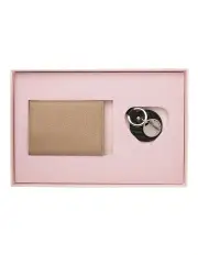[Mocha] Mia Leather Wallet and Chevron Circle Key Ring in Light Taupe