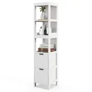 Giantex 5-tier Bathroom Cabinet Wood Storage Organiser w/2 Drawer & Open Shelf 145cm Tallboy Cupboard White