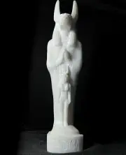 Handmade White Anubis Statue protecting Isis Goddess with Ancient Inscriptions