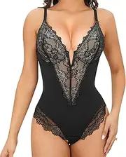 [SAYFUT] Lace Bodysuit Backless Shapewear for Women V-Neck Tummy Control Thong Body Shaper, Black