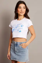 White Graphic Tee Crop Short Sleeve - Size XS, Women's Graphic Tee