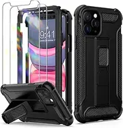ORETech Designed for iPhone 11 Pro Case with [2 x Tempered Glass Screen Protectors] [Built-in Kickstand] Shockproof iPhone 11 Pro Case 360° Full Body Protective Silicone TPU Bumper Cover - Black